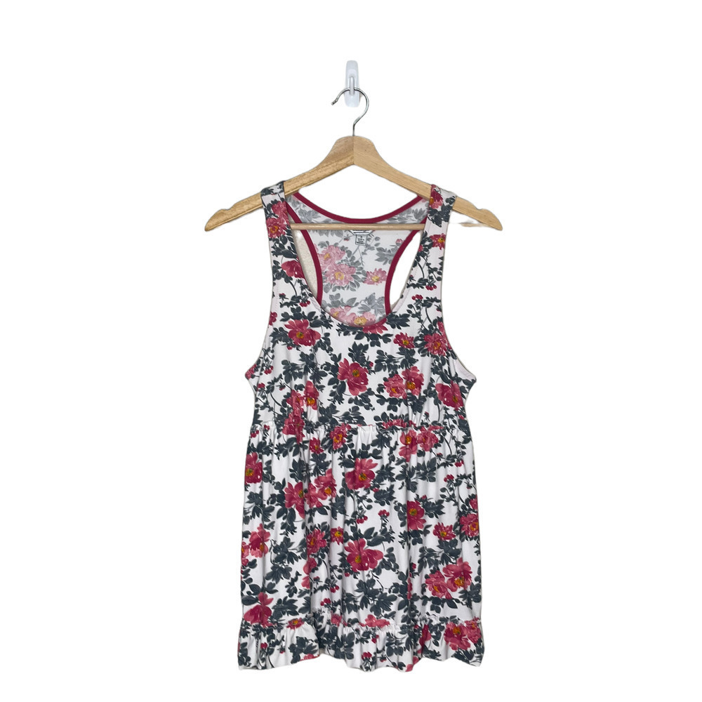 𝅺kathryn Floral Tank Top Womens Small S White Multi Color Scoop Neck Ruffle Hem